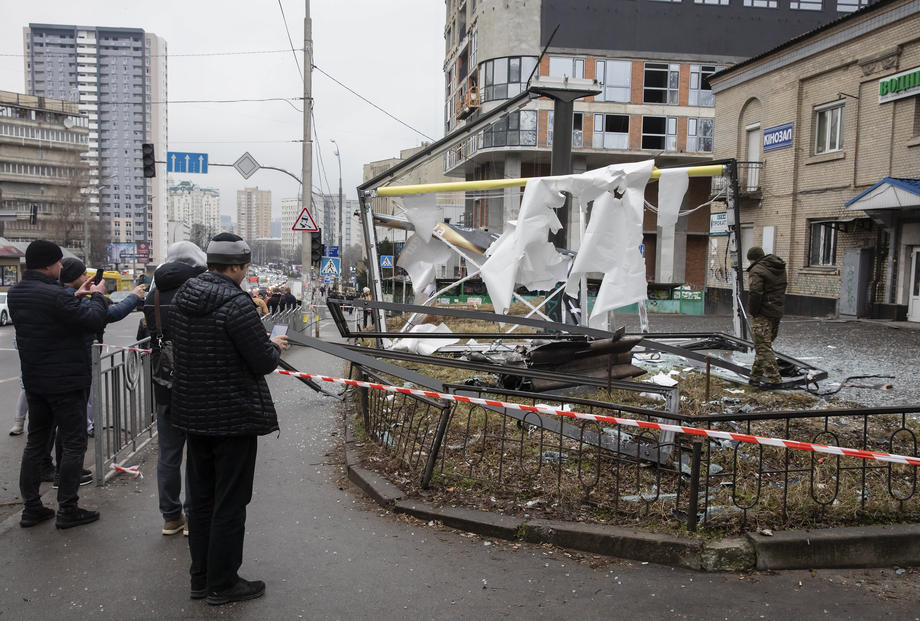 Aftermath of explosion in Kiev as Russian troops enter Ukraine