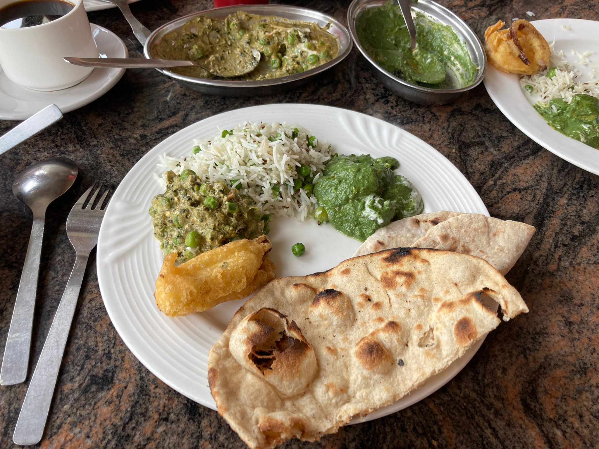 Palak Paneer (spanac cu branza Paneer) cu Naan (lipie) si orez