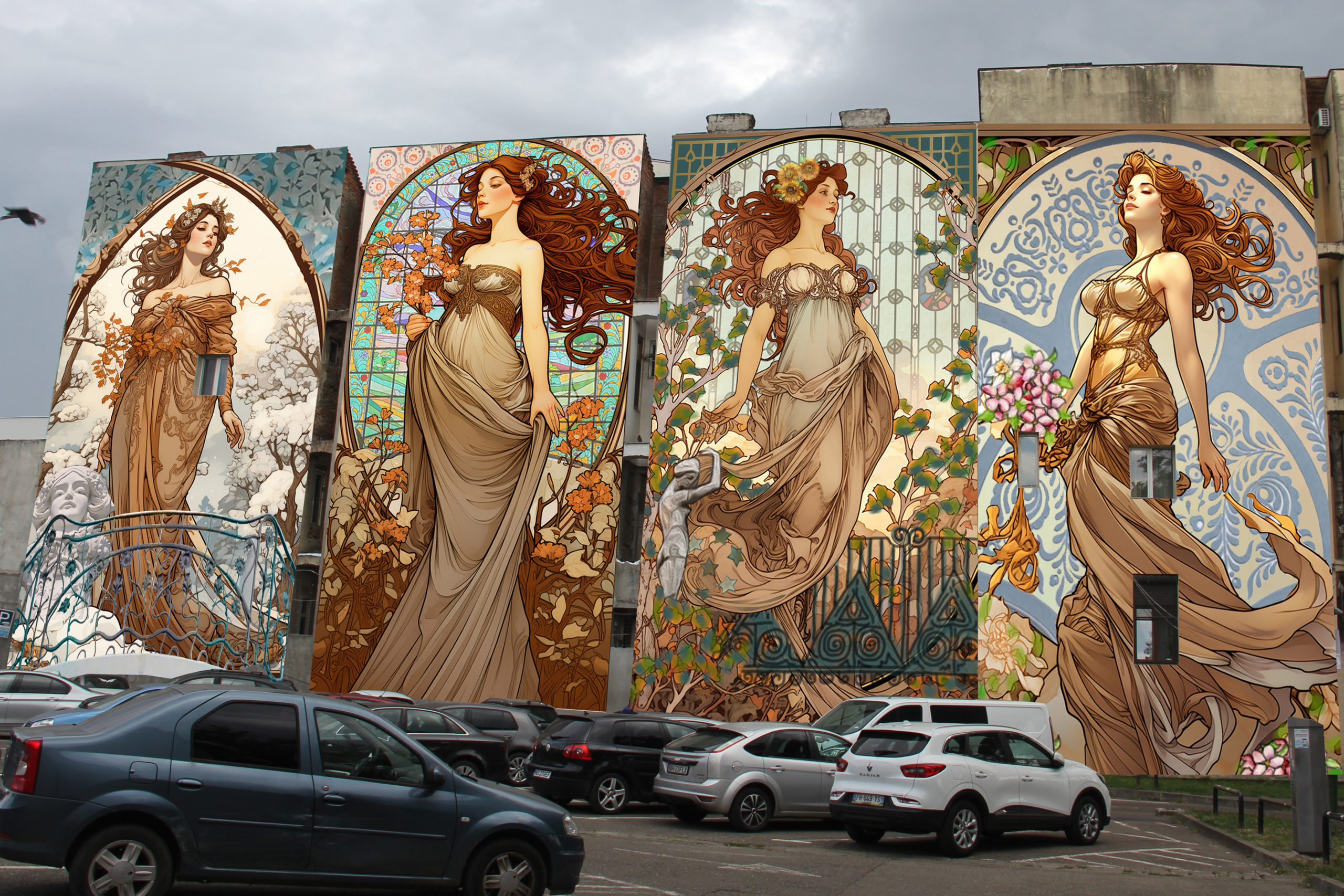 FOTO: Pictura murală „Anotimpurile Art Nouveau” va anima parcarea Tudor Vladimirescu, 09.11.2023