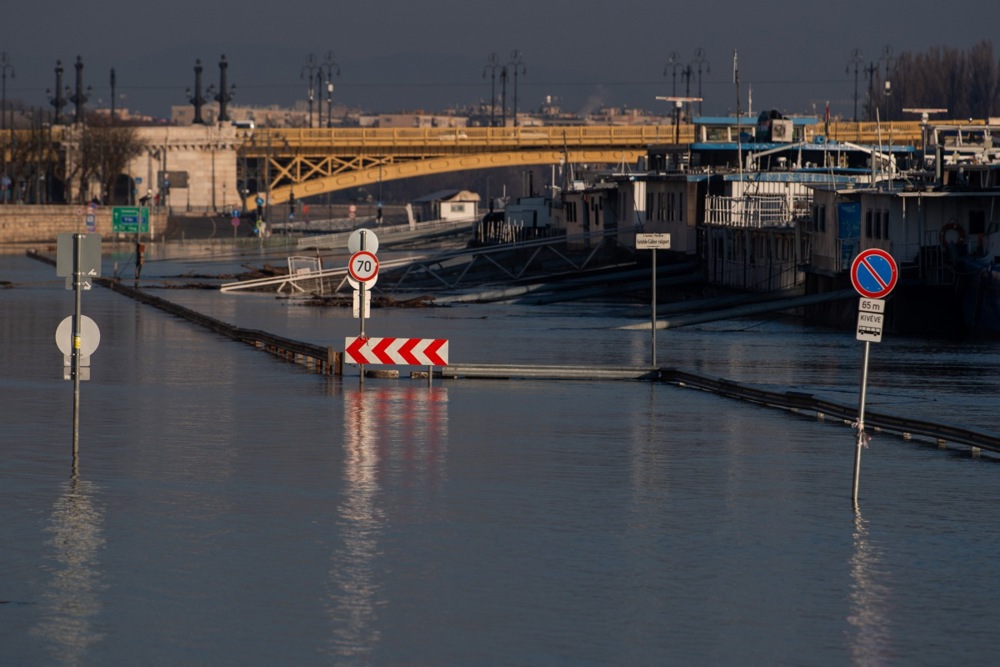 The river Danube floods parts of Budapest following the recent rains and snow