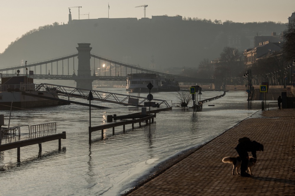 The river Danube floods parts of Budapest following the recent rains and snow