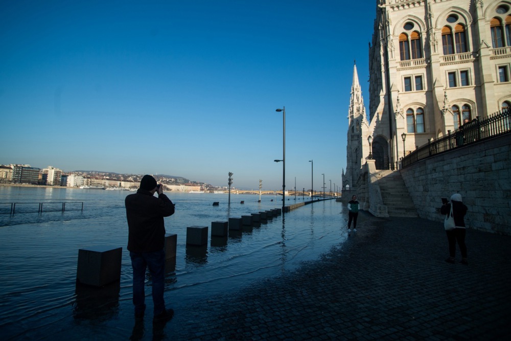 The river Danube floods parts of Budapest following the recent rains and snow