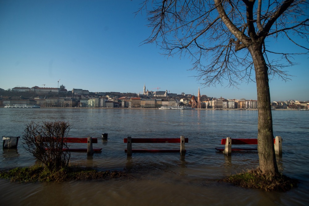 The river Danube floods parts of Budapest following the recent rains and snow