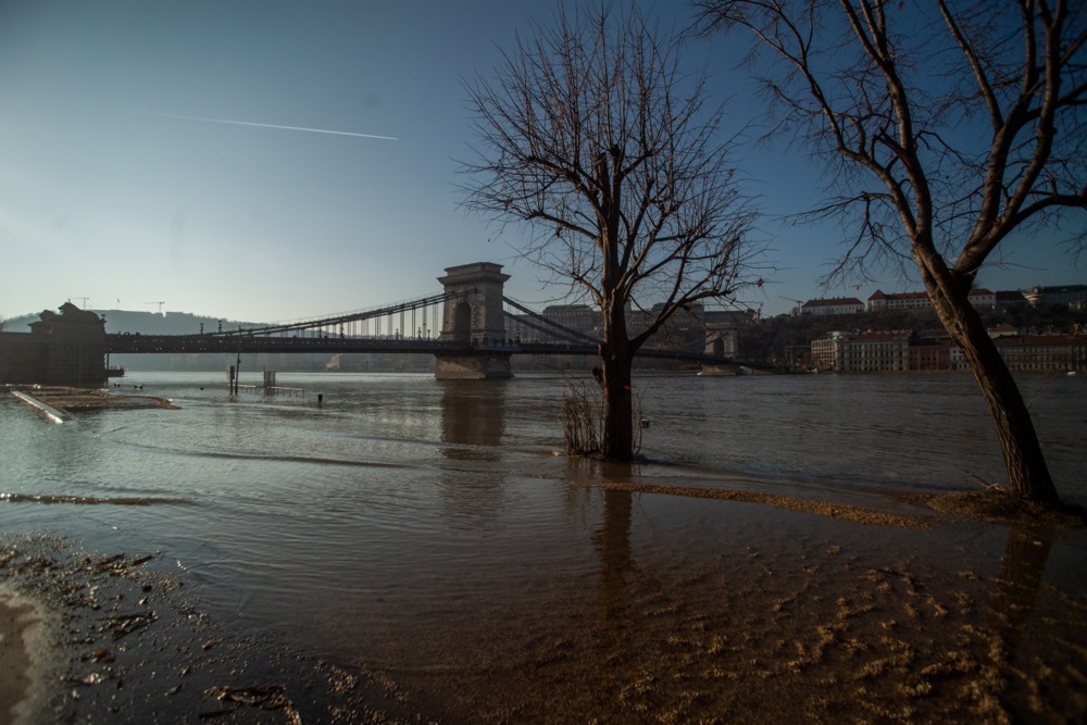 The river Danube floods parts of Budapest following the recent rains and snow